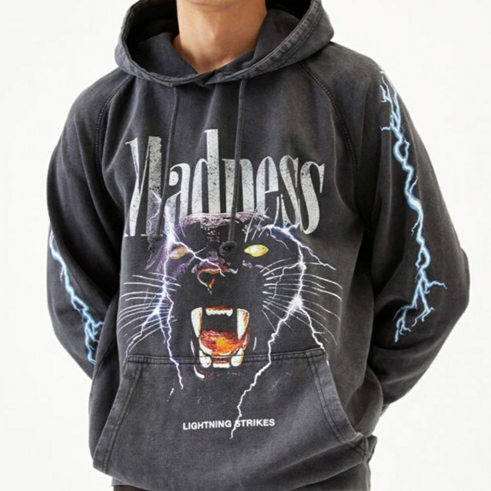 NWT PacSun Black Graphic 'Madness' Lightning Panther Hoodie